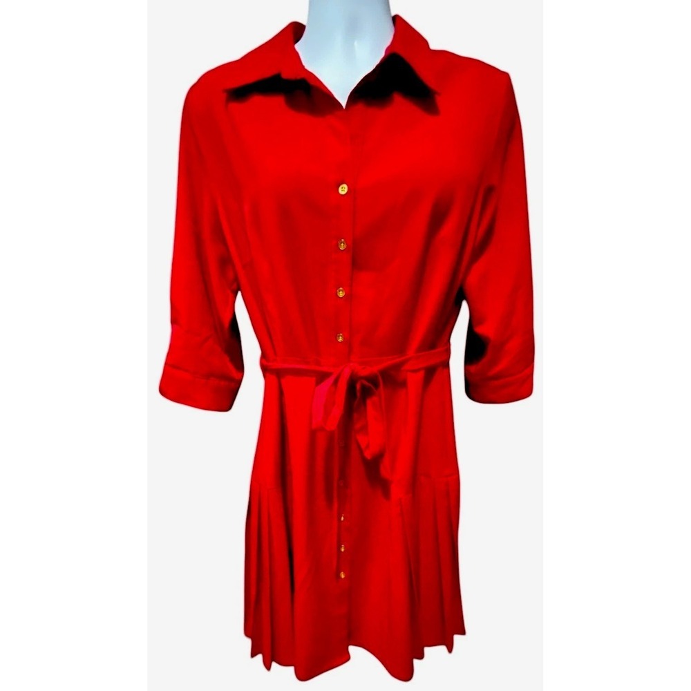 Sharagano Women's Dress 16 Button Front Red 3/4 Roll Tab Sleeve Pleated Skirt